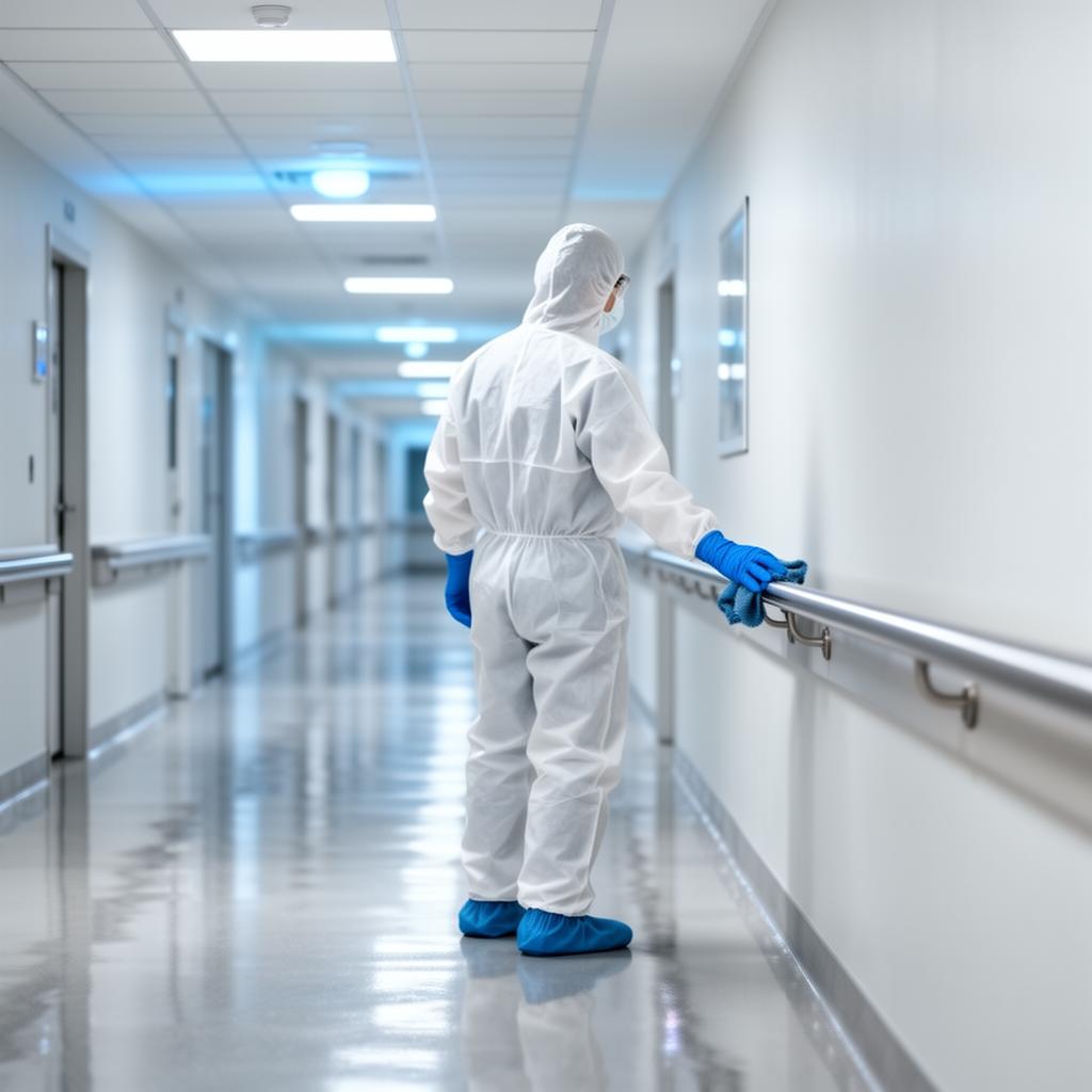 Hygienefachkraft in voller Schutzkleidung reinigt einen Klinikflur nach DIN 13063