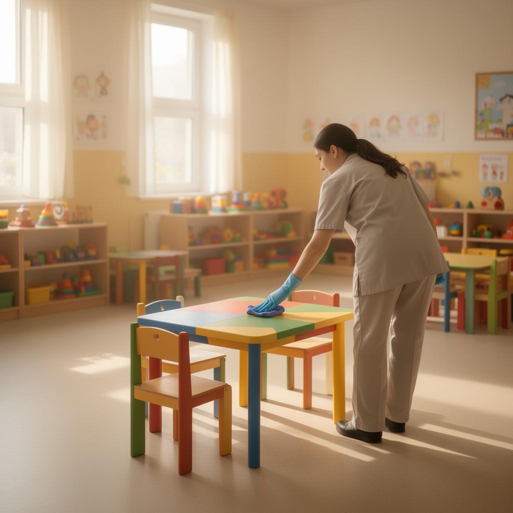 Fachkraft reinigt kindgerechte Tische und Stühle in einer Kita mit kinderfreundlichen, zertifizierten Mitteln
